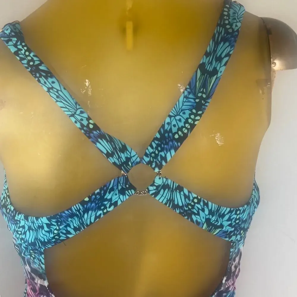 Venus Jungle Party One-Piece Swimsuit V-Neck Gold Ring Animal Print Womens 12